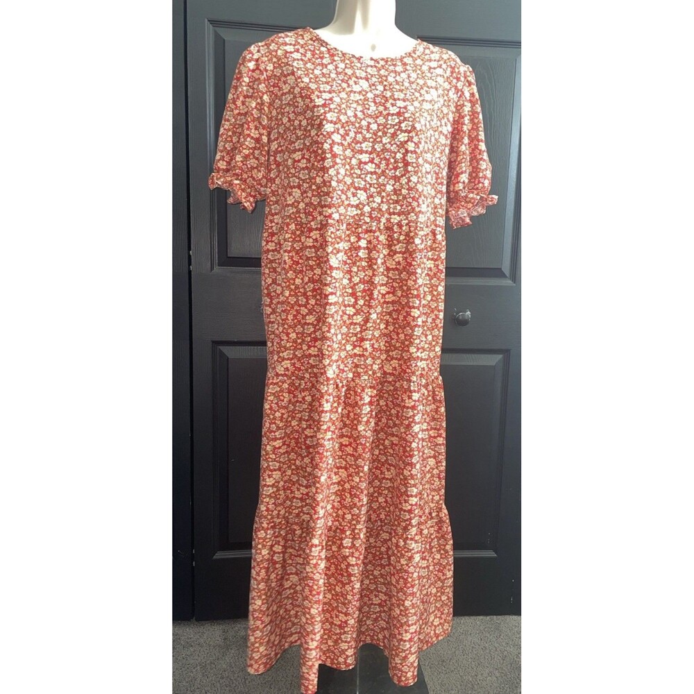 PrettyGarden Rust Red Floral Tiered Midi Dress XL Short Sleeve Boho Cottagecore